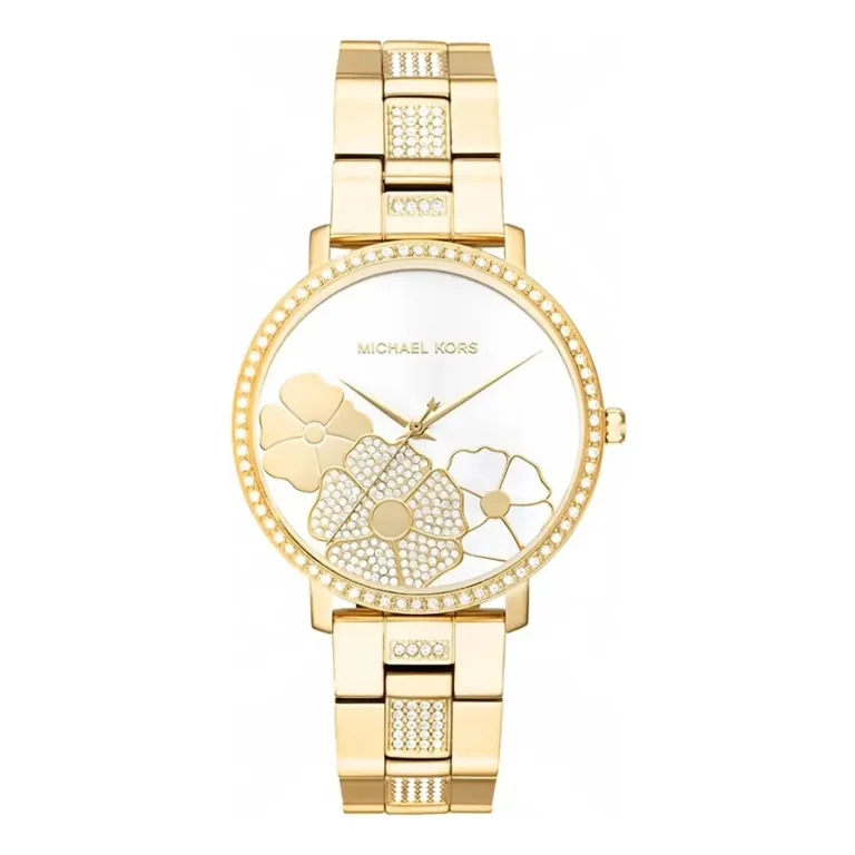Gold Michael Kors watch featuring a floral design with sparkling crystals on the face and bracelet. Elegant and stylish accessory.